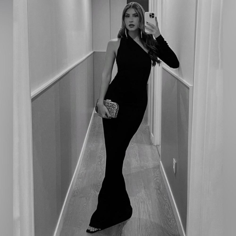Marcella NYC Manhattan One Shoulder Gown European Ponte Open Back Halter Gown S